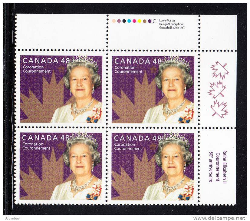 Canada MNH Scott #1987 Upper Right Plate Block 48c 50th Anniversary Of Coronation Of Queen Elizazbeth II - Num. Planches & Inscriptions Marge