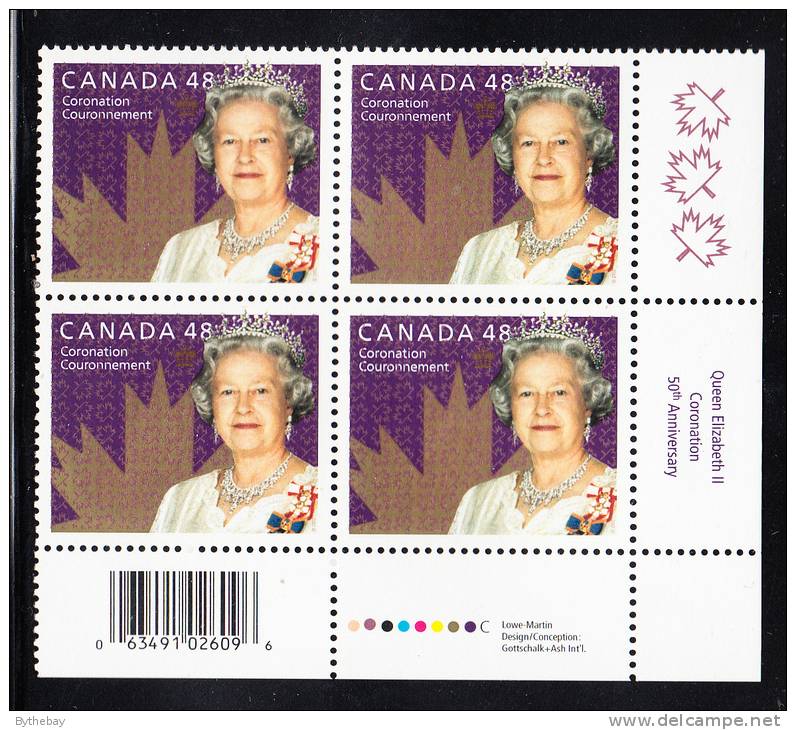 Canada MNH Scott #1987 Lower Right Plate Block 50th Anniversary Of Coronation Of Queen Elizazbeth II - With UPC Barcode - Plattennummern & Inschriften
