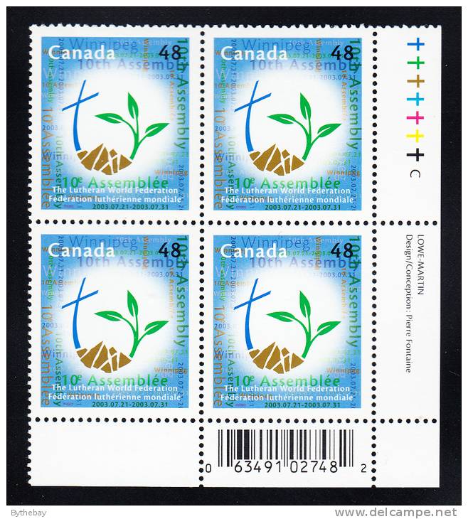 Canada MNH Scott #1992 Lower Right Plate Block 48c Lutheran World Federation Tenth Assembly - With UPC Barcode - Plattennummern & Inschriften