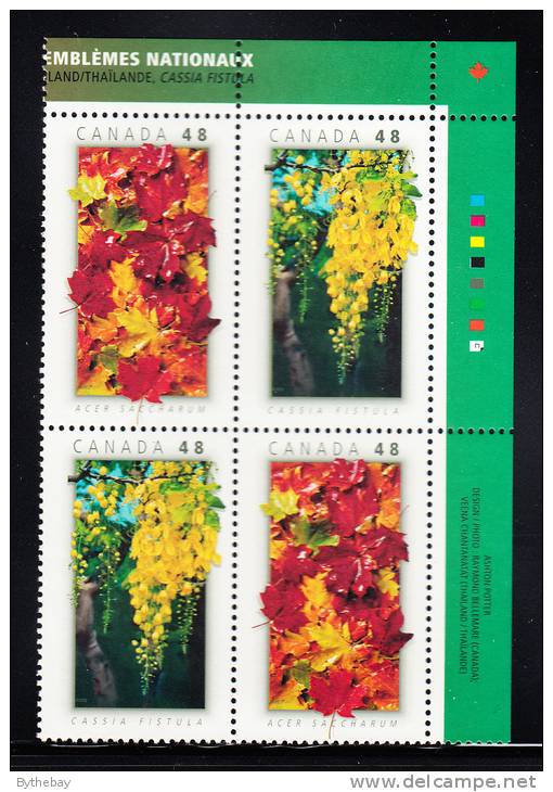 Canada MNH Scott #2001a Upper Right Plate Block 48c National Emblems - Joint With Thailand - Plattennummern & Inschriften