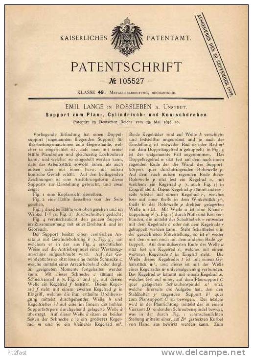 Original Patentschrift - E. Lange In Rossleben A. Unstrit , 1898 , Support Für Drehbank , Dreherei , Drehen !!! - Historische Dokumente