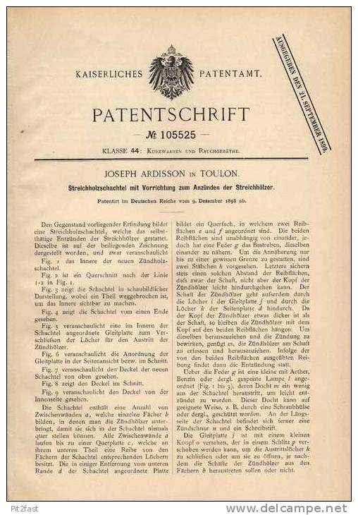 Original Patentschrift - J. Ardisson In Toulon , 1898 , Streichholzschachtel Mit Anzünder !!! - Zündholzschachteln