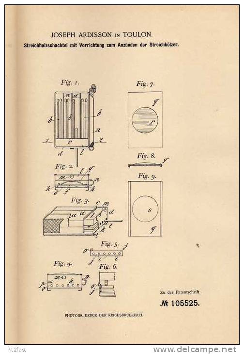 Original Patentschrift - J. Ardisson In Toulon , 1898 , Streichholzschachtel Mit Anzünder !!! - Zündholzschachteln