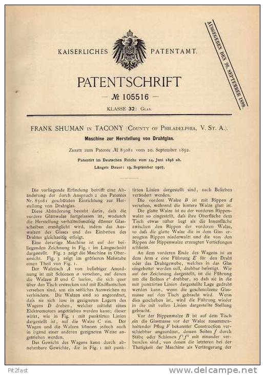 Original Patentschrift - F. Shuman In Tacony , USA , 1898 , Maschine Für Drahtglas , Glas !!! - Máquinas