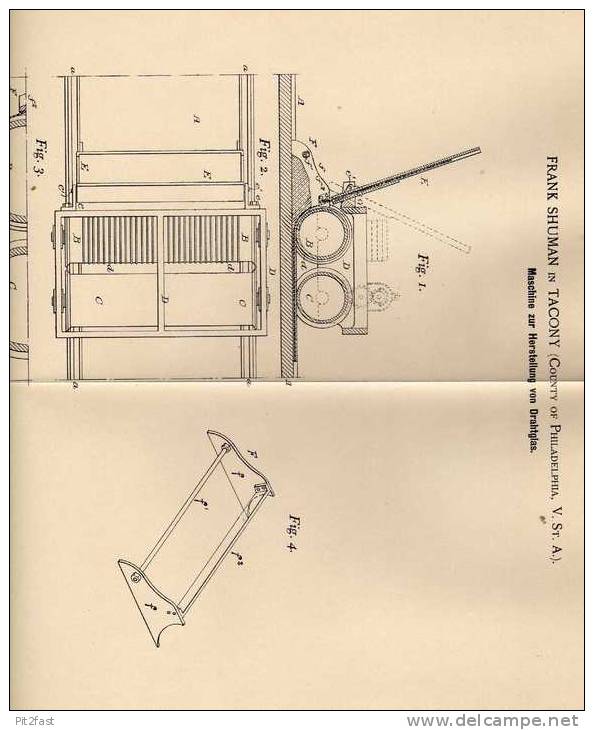 Original Patentschrift - F. Shuman In Tacony , USA , 1898 , Maschine Für Drahtglas , Glas !!! - Máquinas