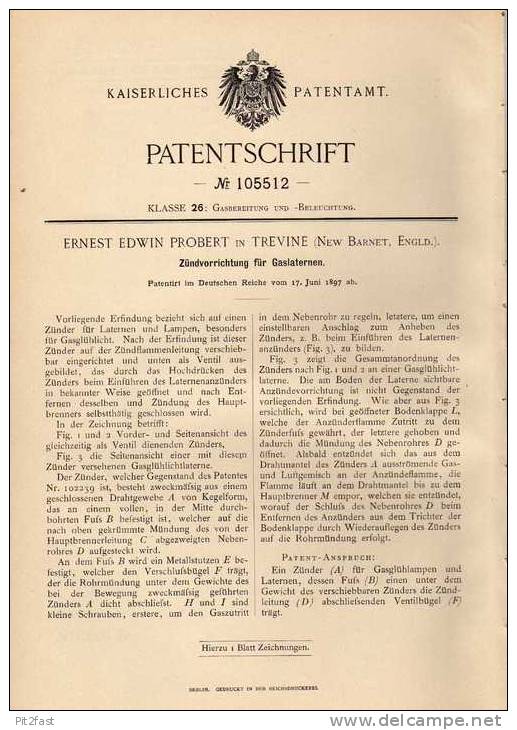 Original Patentschrift - E. Probert In Trevine , New Barnet , 1897 , Zündapparat Für Gaslaterne !!! - Luminarie E Lampadari