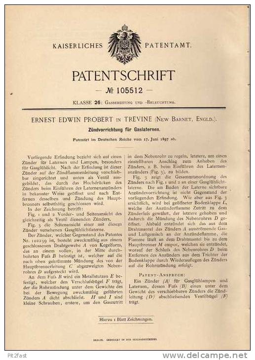 Original Patentschrift - E. Probert In Trevine , New Barnet , 1897 , Zündapparat Für Gaslaterne !!! - Lighting & Lampshades