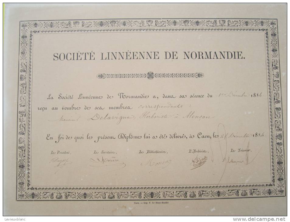 Diplôme/Réception De Membre/Société Linéenne De Normandie/ Delavigne/ ALENCON/Orne/CAEN/Calvados/1884     DIP14 - Diplômes & Bulletins Scolaires