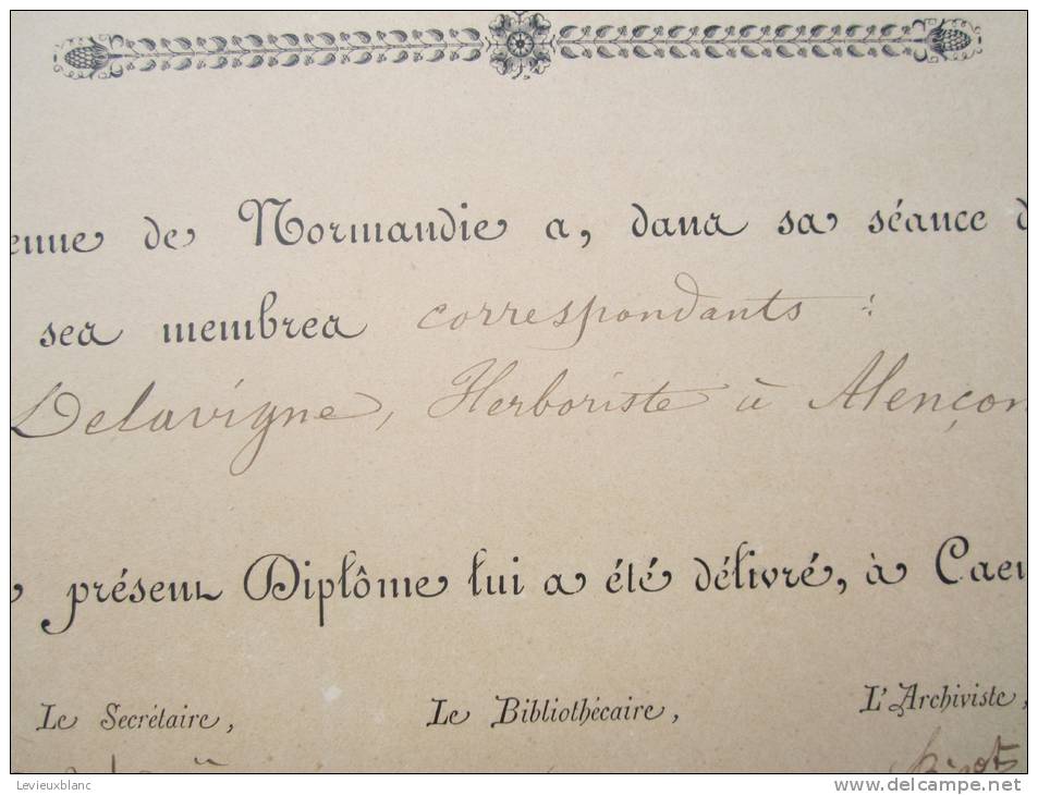 Diplôme/Réception De Membre/Société Linéenne De Normandie/ Delavigne/ ALENCON/Orne/CAEN/Calvados/1884     DIP14 - Diploma & School Reports