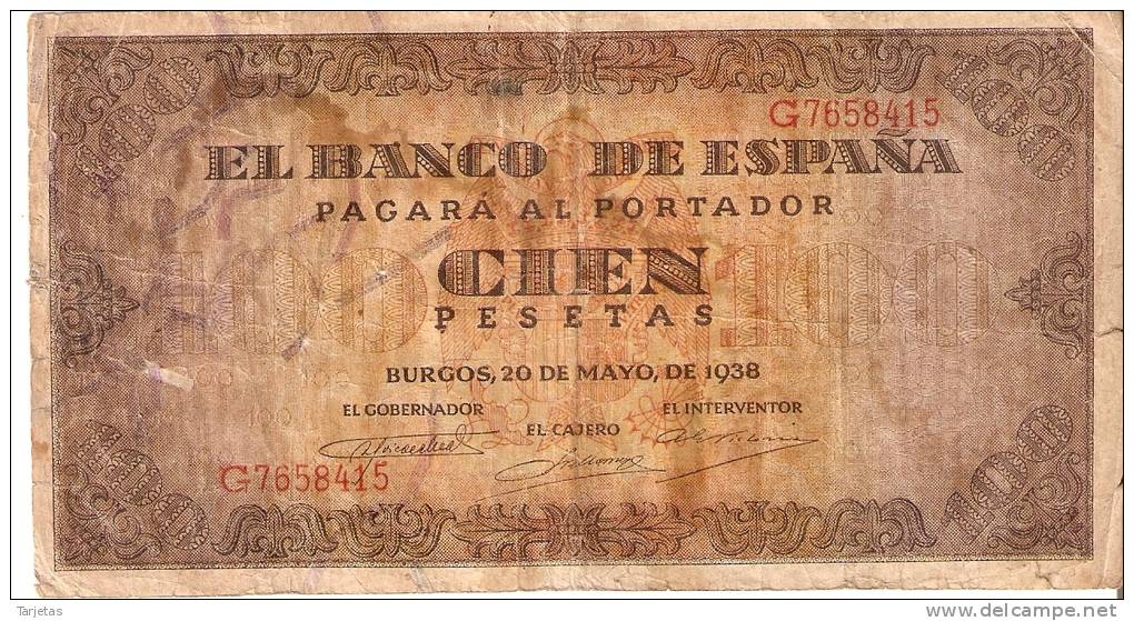 BILLETE DE ESPAÑA DE 100 PTAS 20/05/1938 SERIE G (BANK NOTE) BC - 100 Peseten