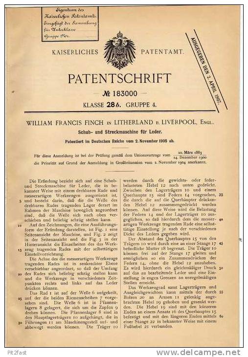 Original Patentschrift - W. Finch In Litherland B. Liverpool , 1905 , Streckmaschine Für Leder !!! - Tools