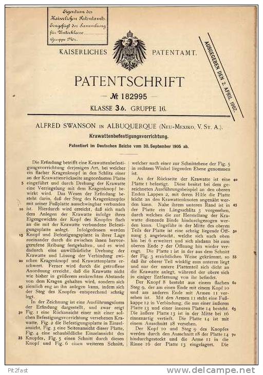 Original Patentschrift - A. Swanson In Albuquerque , Neu Mexico , 1905 , Befestigung Für Krawatten , Krawatte !!! - Ties