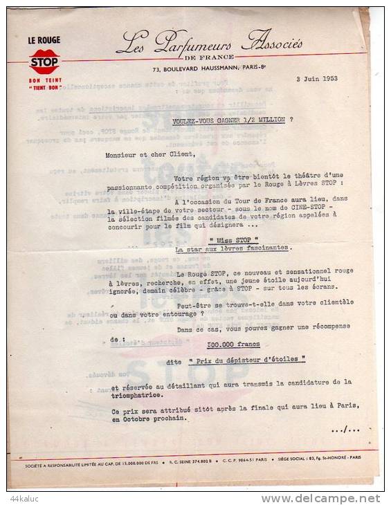 Document Des PARFUMEURS ASSOCIES, Lancement Du Rouge à Lèvres STOP En 1953 - Andere & Zonder Classificatie