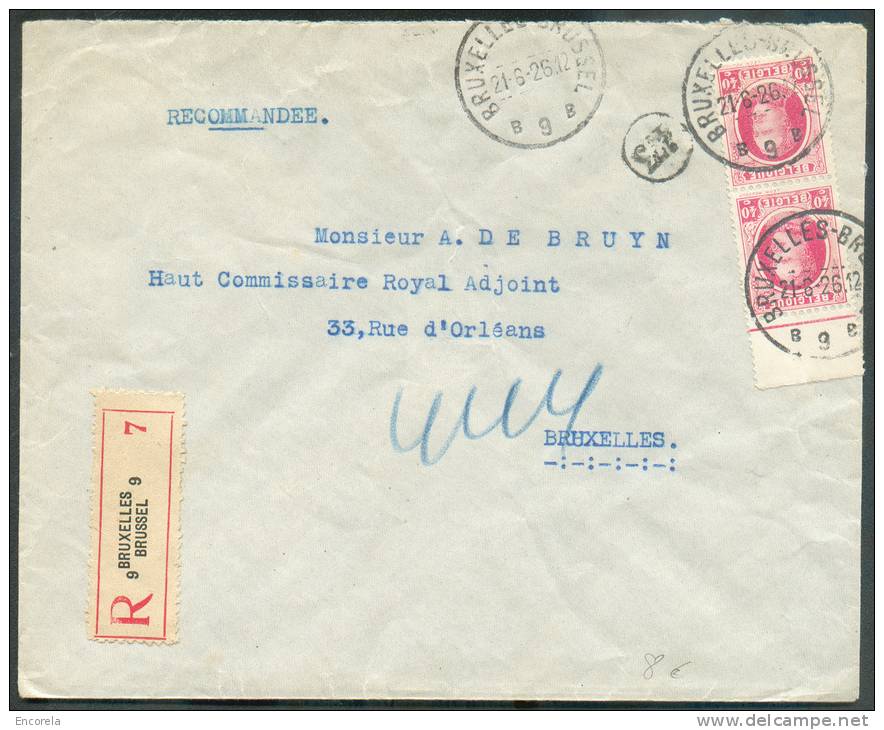 N°202(2) - 40 Centimes Houyoux En Paire (bdf) Obl. Sc BRUXELLES 9 S/L. Recommandée Du 21-6-1926 Vers La Ville - 7778 - 1922-1927 Houyoux