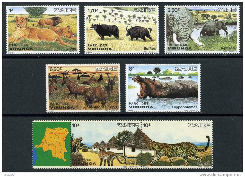 ZAIRE 1982 Virunga National Park Wildlife Lions Buffalos Elephants Hippo Animals Fauna MNH - Elephants