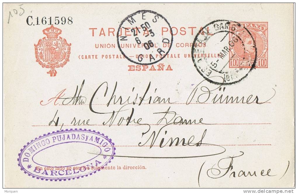 6570. Entero Postal Barcelona 1906 A Francia. Estafeta De Cambio - 1850-1931