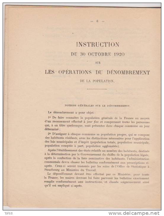 Décret  Octobre 1920 Sur Les Opérations Du Dénombrement De La Population - Decrees & Laws