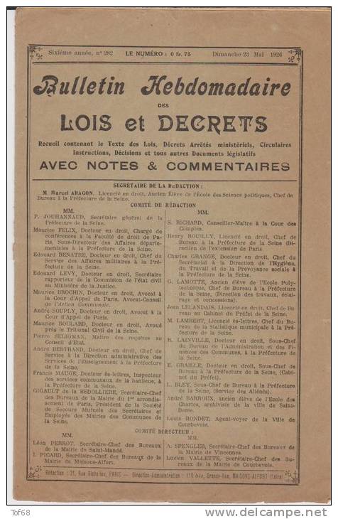 Bulletin Hebdomadaire Lois Et Decrets De Mai 1926 - Décrets & Lois