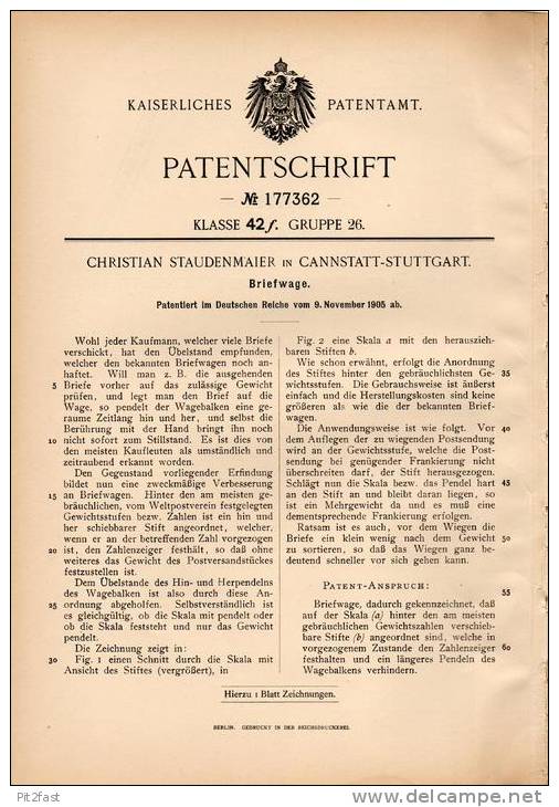 Original Patentschrift - C. Staudenmaier In Cannstadt - Stuttgart , 1905 , Briefwaage , Waage !!! - Pesa Lettere