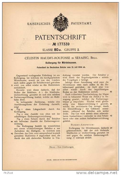 Original Patentschrift - C. Haudry - Roufosse In Seraing , 1904 , Betonmischer , Kollergang Für Mörtel !!! - Machines