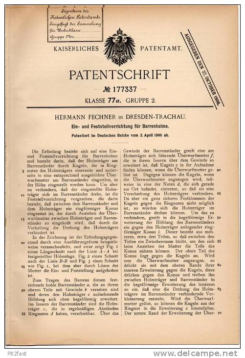 Original Patentschrift - H. Fechner In Dresden - Trachau , 1906 , Einsteller Für Barrenholme , Barren , Geräteturnen !!! - Athlétisme