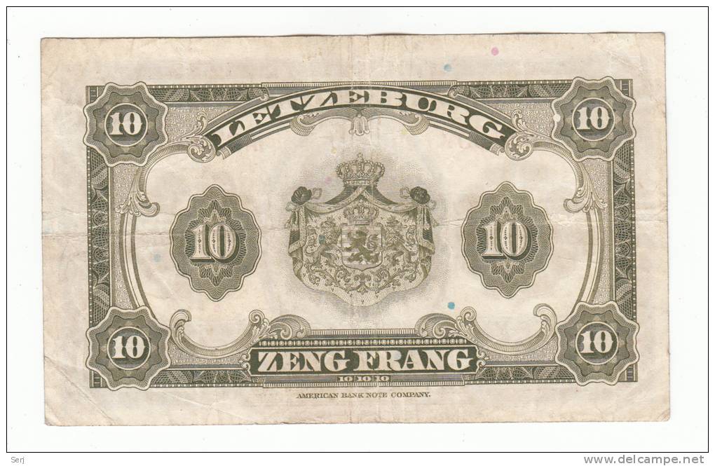 Luxembourg 10 Francs 1944 VF+ CRISP Banknote WWII P 44 - Luxemburg