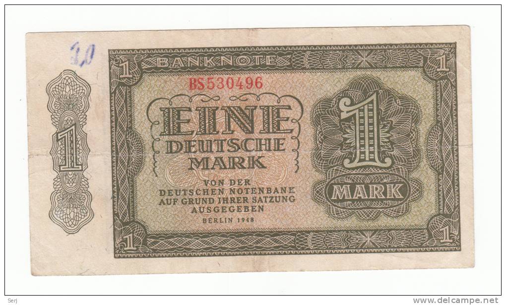 GERMANY - DEMOCRATIC REPUBLIC 1 DEUTSCHE MARK 1948 VF+ P 9a  9 A (6 Digits Serial Number) RARE - 1 Deutsche Mark