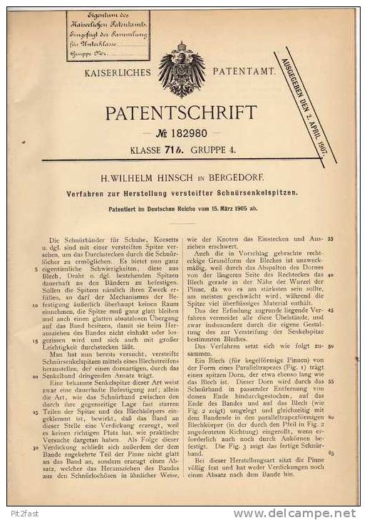 Original Patentschrift - W. Hinsch In Bergedorf , 1905 , Herstellung Von Schnürsenkel , Schuhe !!! - Littérature