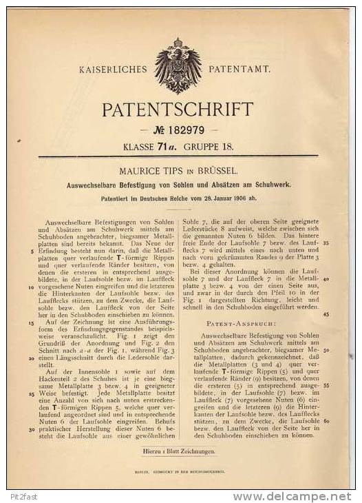 Original Patentschrift - M. Tips In Brüssel , 1906 , Auswechselbare Sohlen Für Schuhe , Schuster !!! - Chaussures