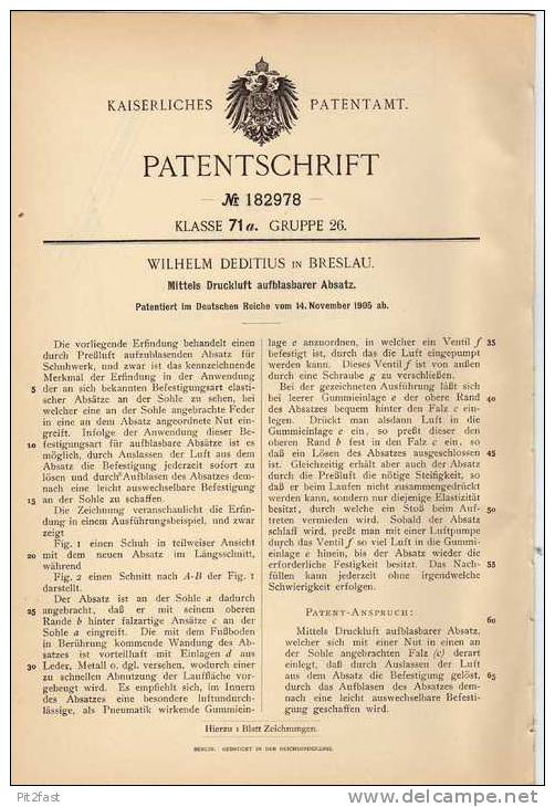 Original Patentschrift - W. Deditius In Breslau , 1905 , Aufblasbarer Absatz Für Schuhe , Sohle , Schuhmacher !!! - Chaussures