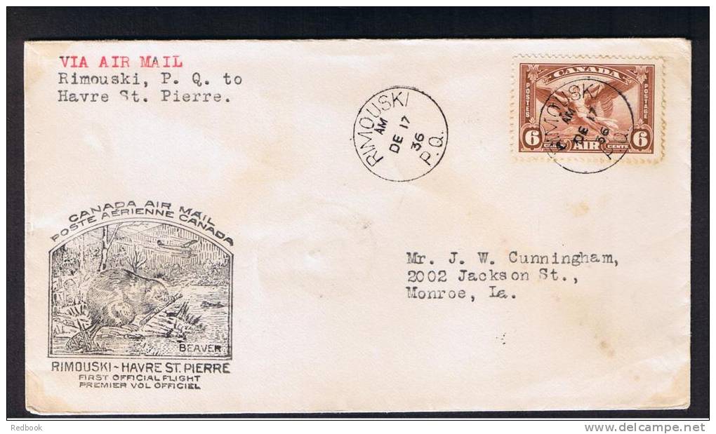 RB 877 - 1936 Canada FFC First Flight Cover - Rimouski To Havre St. Pierre PQ Quebec - Premiers Vols