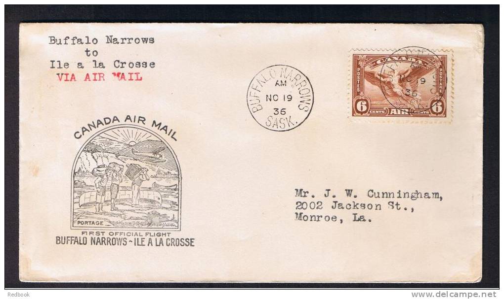 RB 877 - 1936 Canada FFC First Flight Cover - Buffalo Narrows To Ile A La Crosse Saskatchewan - 6c Rate To Monroe USA - First Flight Covers