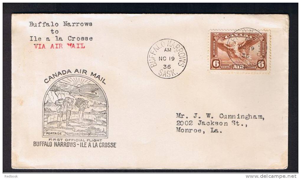 RB 877 - 1936 Canada FFC First Flight Cover - Buffalo Narrows To Ile A La Crosse Saskatchewan - 6c Rate To Monroe USA - Premiers Vols