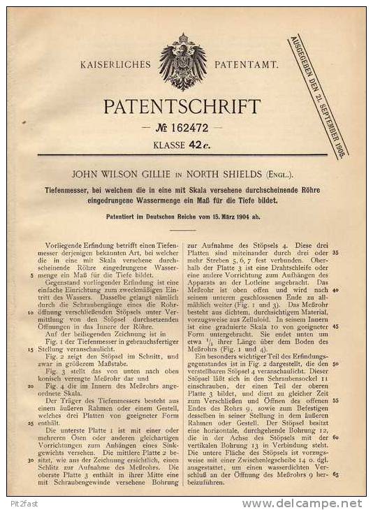 Original Patentschrift - J. Gillie In North Shields , 1904 , Tiefenmesser Für Wasser !!! - Technics & Instruments
