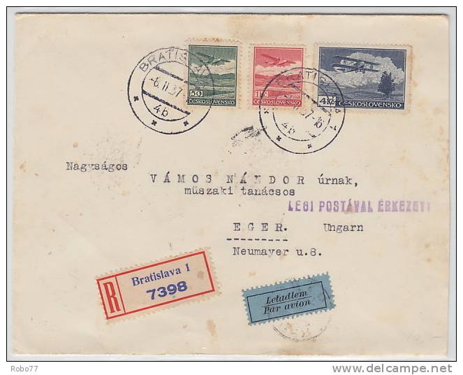 1937 Czechoslovakia Airmail Registered Letter, Cover. Bratislava 6.II.37. (J01069) - Corréo Aéreo