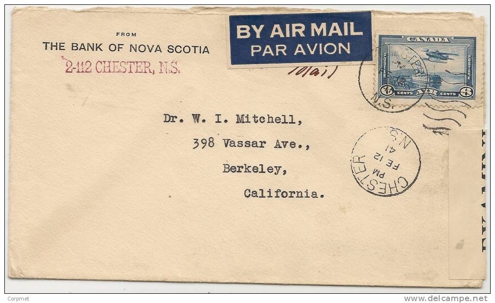CANADA - 1941 CENSORED COVER From CHESTER To BERKELEY - Tied By AIR MAIL Yvert # 6 - Solo Stamp - Lettres & Documents