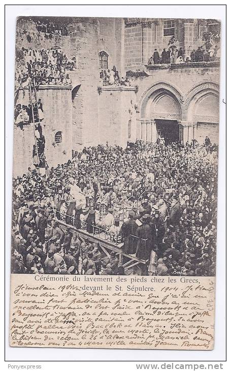 Jerusalem Sur Mouchon Sur Carte Postale: Cerémonie Des Grecs Devant Le Saint Sepulcre - Covers & Documents