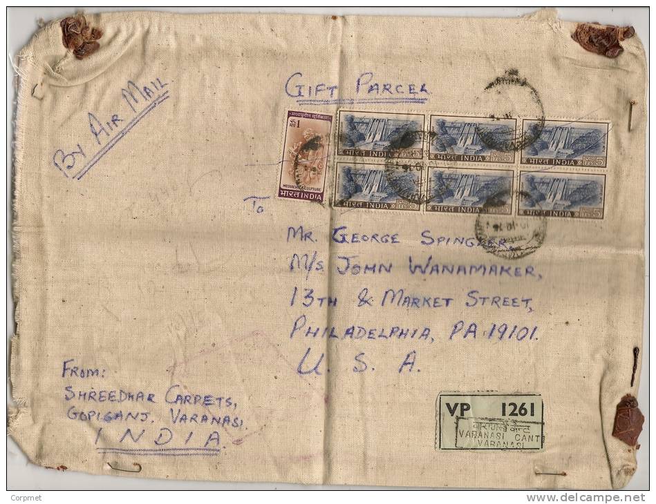 INDIA - VF REGISTERED @@ COTTON @@ POSTAL PARCEL From VARANASI To PHILADELPHIA - ENERGY  Stamps Yvert # 232 X 6 + 194 - Storia Postale