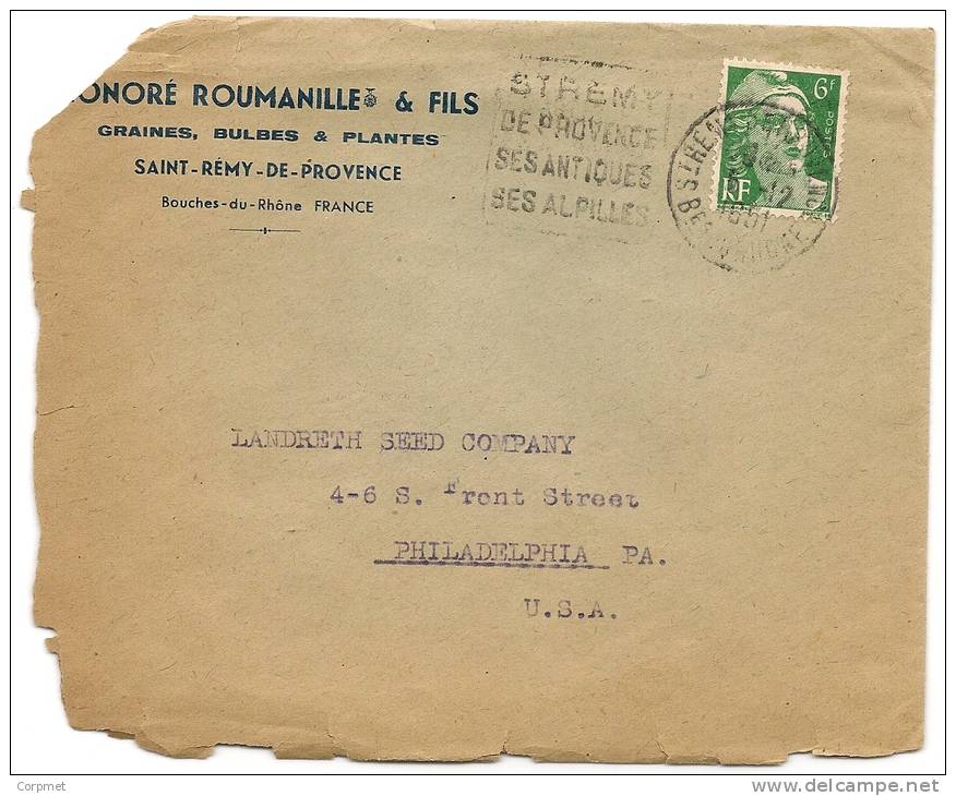 FRANCE - Type MARIANNE De GANDON - 1951 COVER From SAINT-REMY-DE-PROVENCE To PHILADELPHIA - Yvert # 884 Seul Stamp - 1945-54 Marianne De Gandon