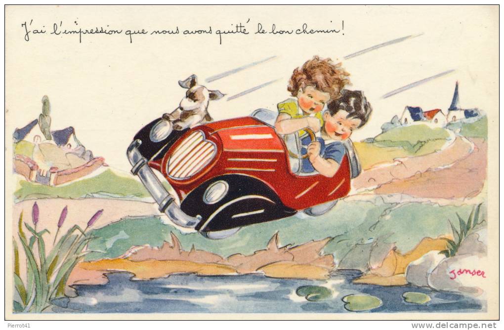 ENFANTS - Jolie Carte Fantaisie Enfants Conduisant Automobile Avec Chien Signée JANSER - Janser