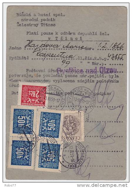 1951 Czechoslovakia Multifranked Parcel Card. Official Stamps. Bystrice Nad Olzou. Rare! (B06026) - Francobolli Di Servizio