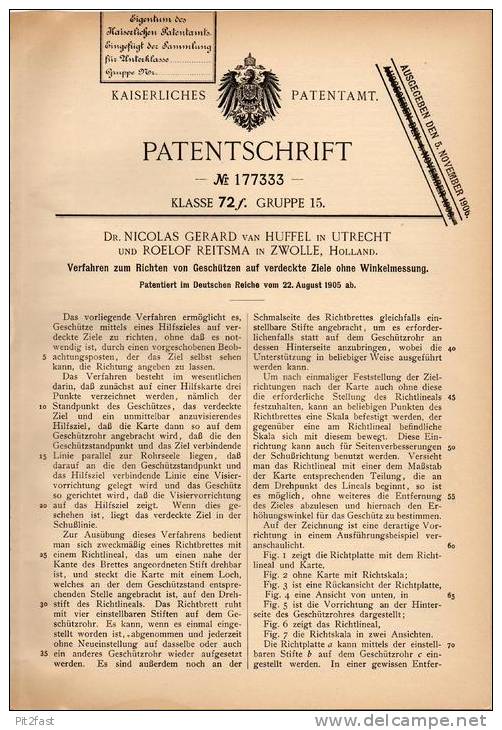 Original Patentschrift - Dr. N. Van Huffel In Utrecht Und Zwolle , 1905 , Richten Von Geschützen , Kanonen !!! - Documenten