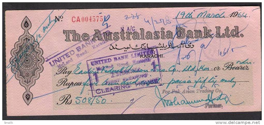 PAKISTAN Cheque The Australasia Bank Ltd. Karachi 19-3-1964 - Bank & Insurance