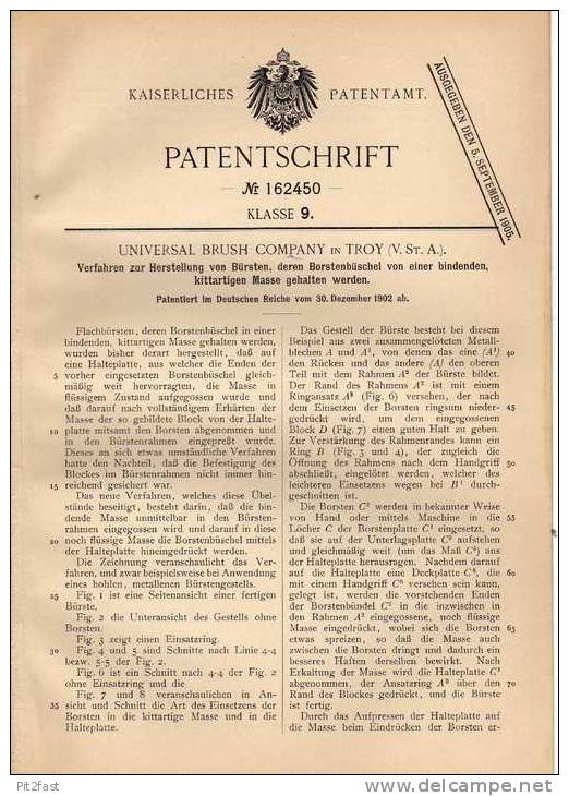 Original Patentschrift - Universal Brush Comp. In Troy , USA , 1902 , Herstellung Von Bürsten !!! - 1900-1940