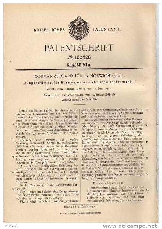 Original Patentschrift - Norman & Bear Ltd. In Norwich , 1905 , Zungenstimmen Für Harmonium !!! - Musikinstrumente