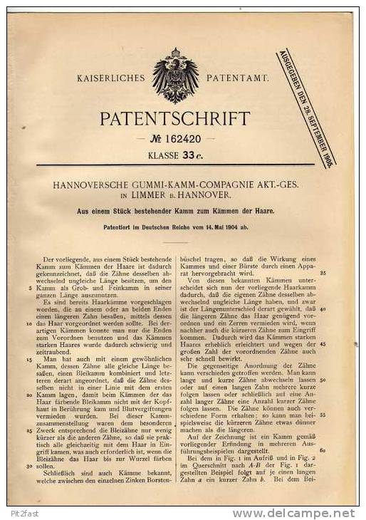 Original Patentschrift - Gummi-Kamm Comp. In Limmer B. Hannover , 1904 , Kamm Für Haare !!! - 1900-1940