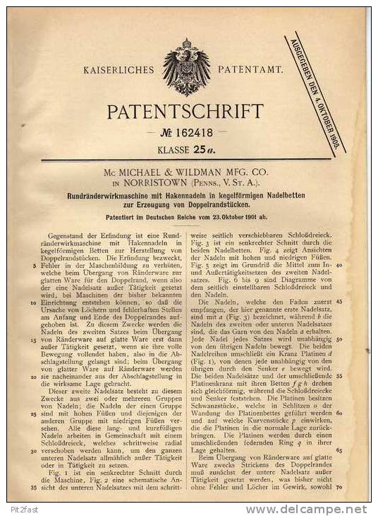 Original Patentschrift - Michael & Wildmann Co. In Norristown , Penns. , 1901 , Rundränderwirkmaschine Mit Nadeln !!! - Tools