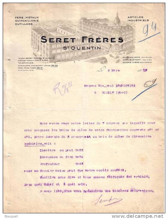 NORD - SAINT QUENTIN - FERS - METAUX - QUINCAILLERIE - SERET FRERES - LETTRE - 1935 - 1900 – 1949