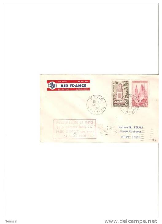 Primer Vuelo Paris- New York Sin Escala - 1960-.... Cartas & Documentos