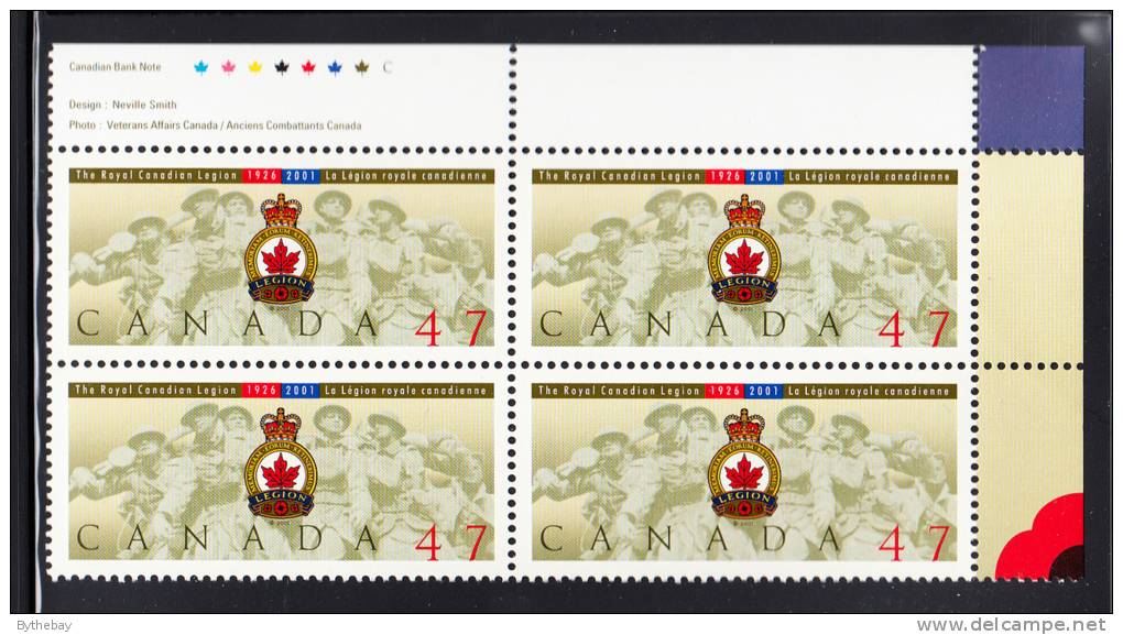 Canada MNH Scott #1926 Upper Right Plate Block 47c The Royal Canadian Legion 75th Anniversary - Plattennummern & Inschriften